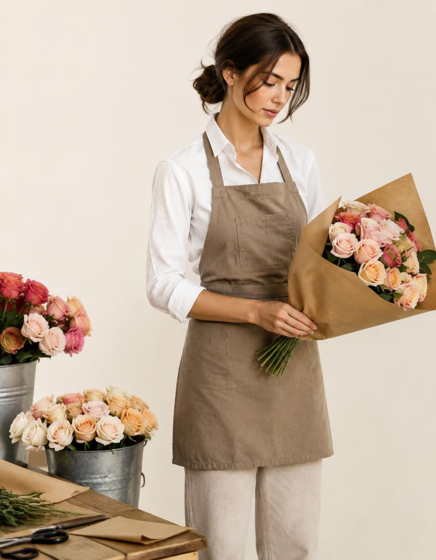 An attendant in a tailored apron wrapping roses in kraft paper