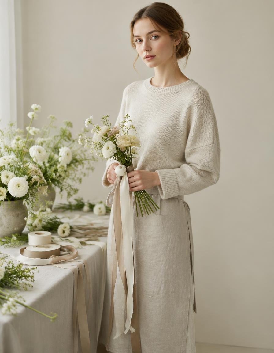 An attendant in soft cream knit and linen holding ribbon-wrapped stems